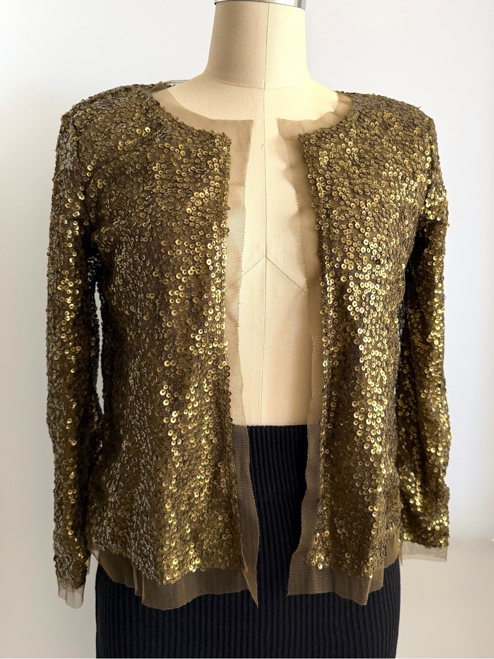 NEW J. Crew Olive/Gold Sequin L/S Open Front Jacket w/Mesh Trim NWT size XXS